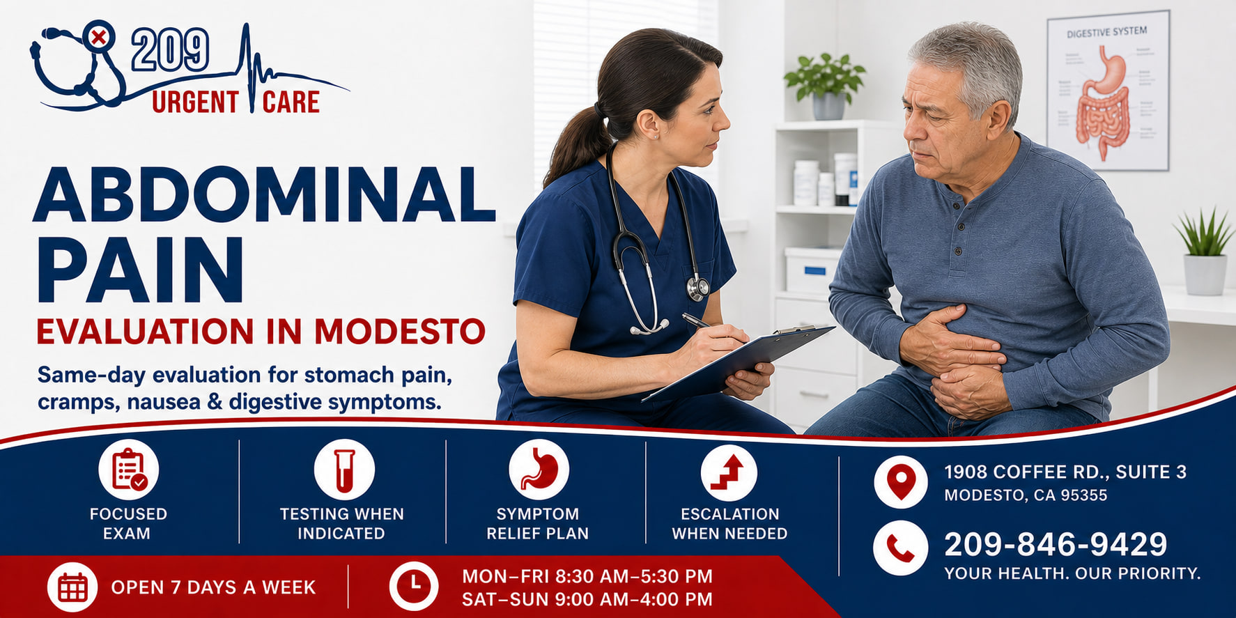 Medical provider evaluating abdominal pain at 209 Urgent Care in Modesto