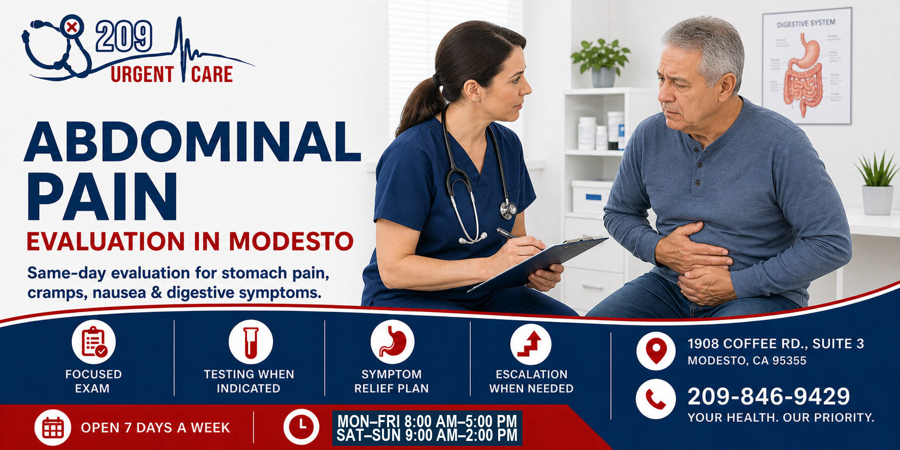 Medical provider evaluating abdominal pain at 209 Urgent Care in Modesto