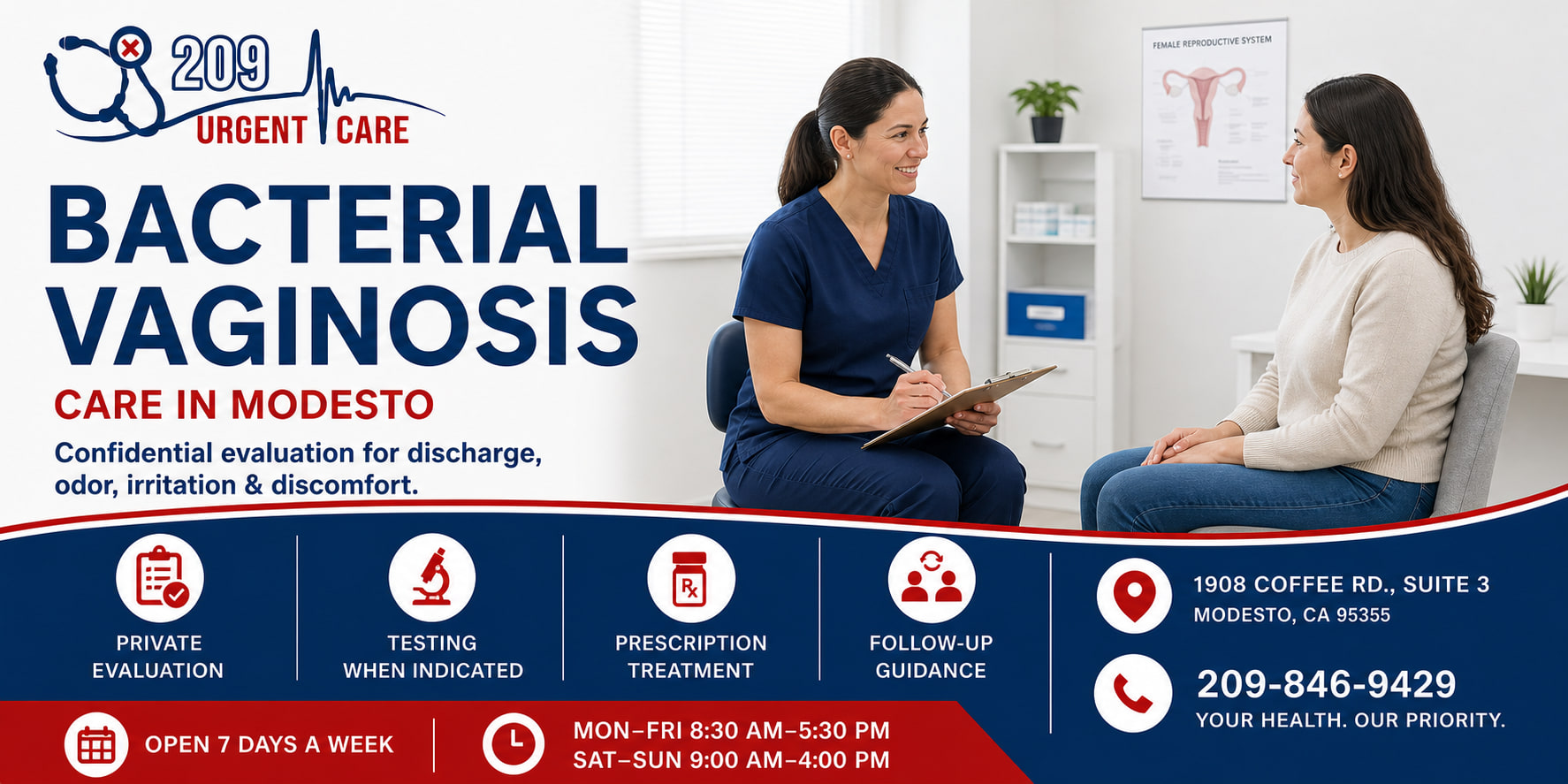 Confidential women’s health visit at 209 Urgent Care in Modesto