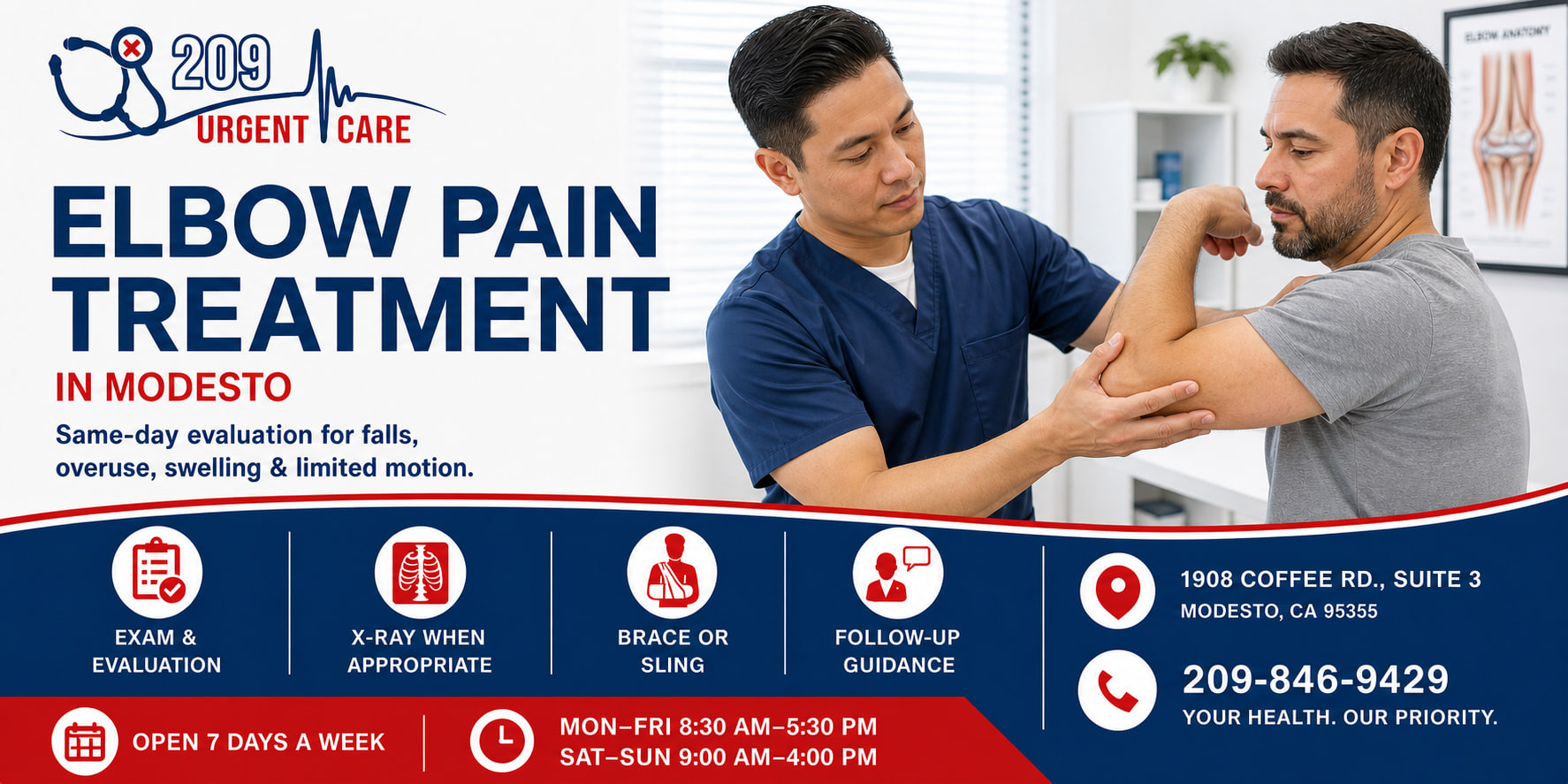 Healthcare provider examining elbow pain at 209 Urgent Care