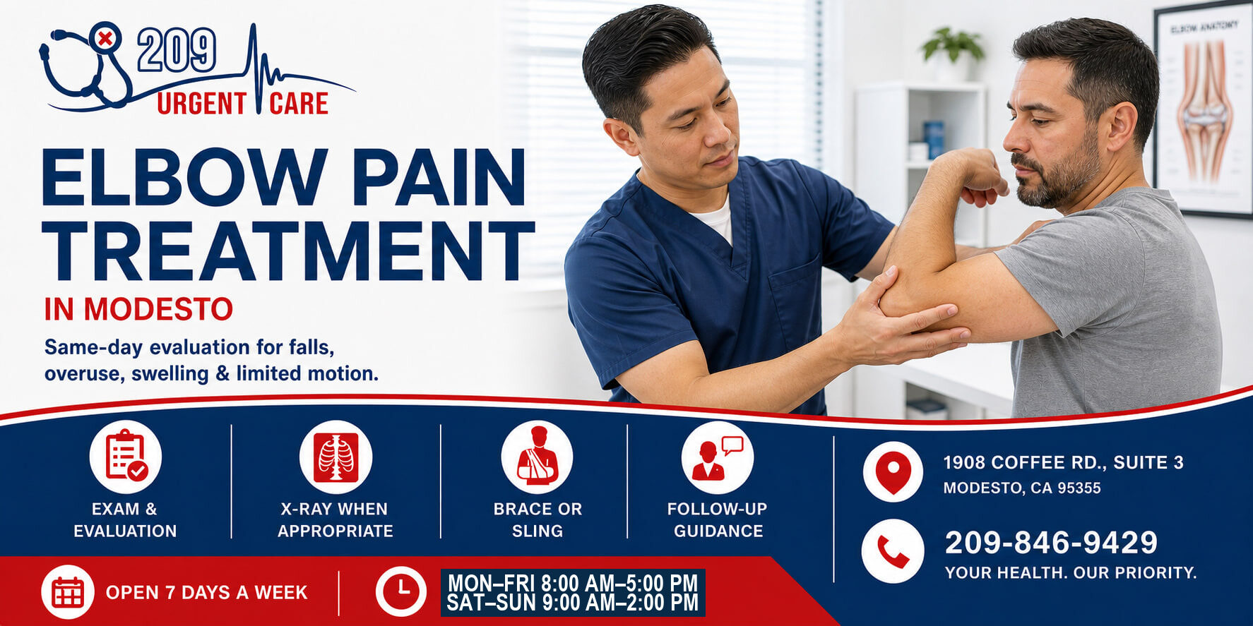 Healthcare provider examining elbow pain at 209 Urgent Care