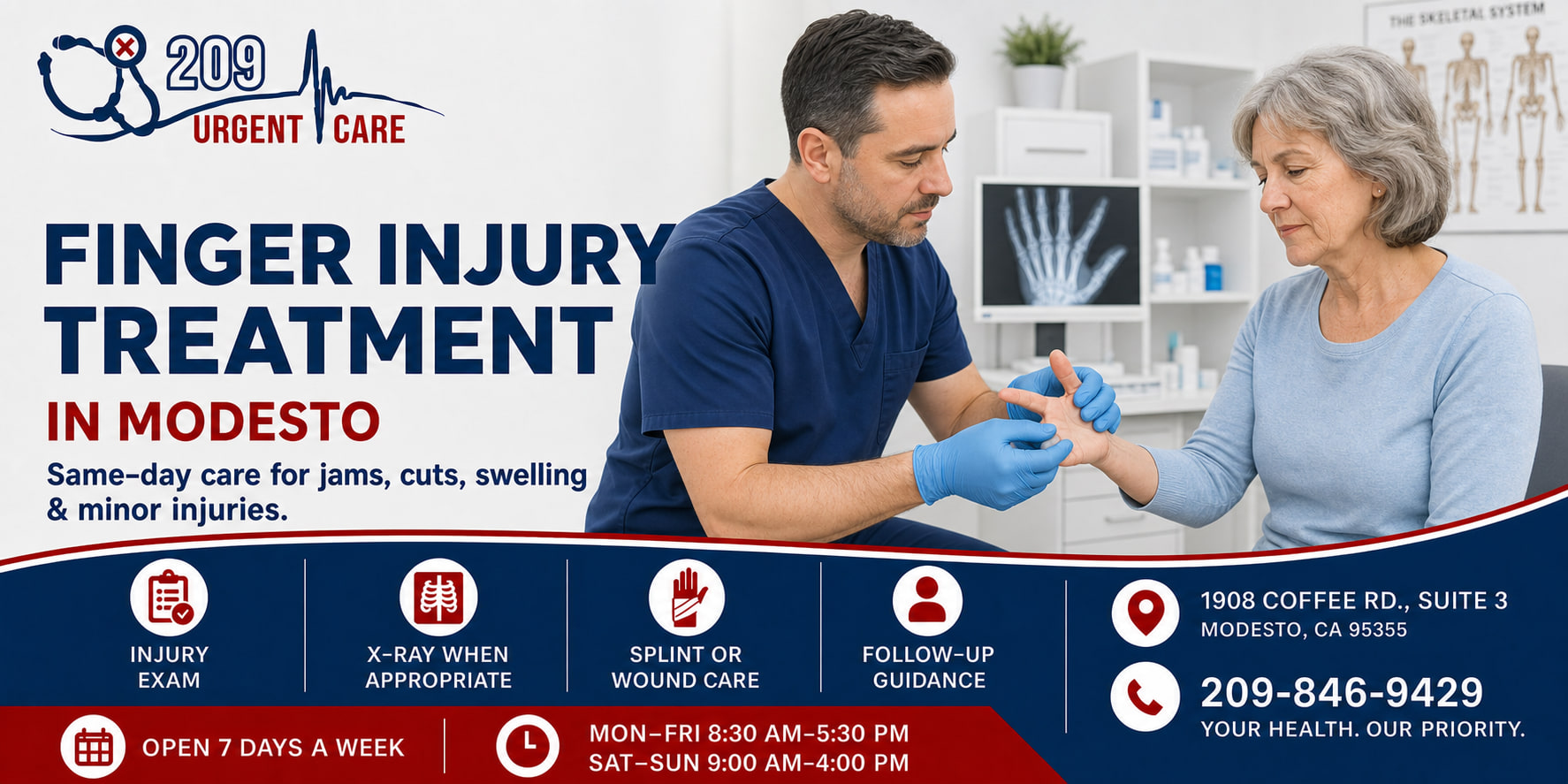 Clinician evaluating a finger injury in Modesto, California