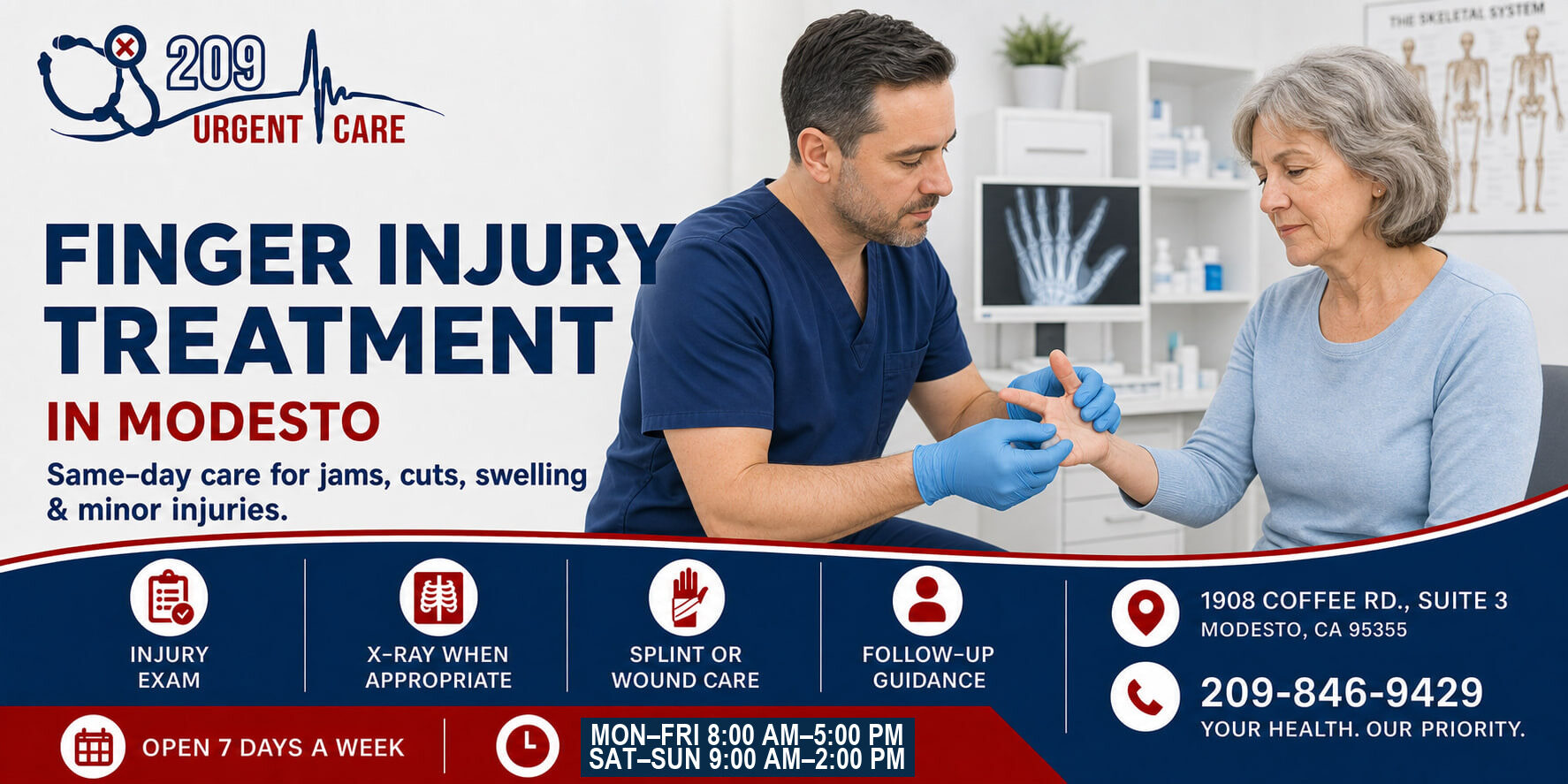 Clinician evaluating a finger injury in Modesto, California