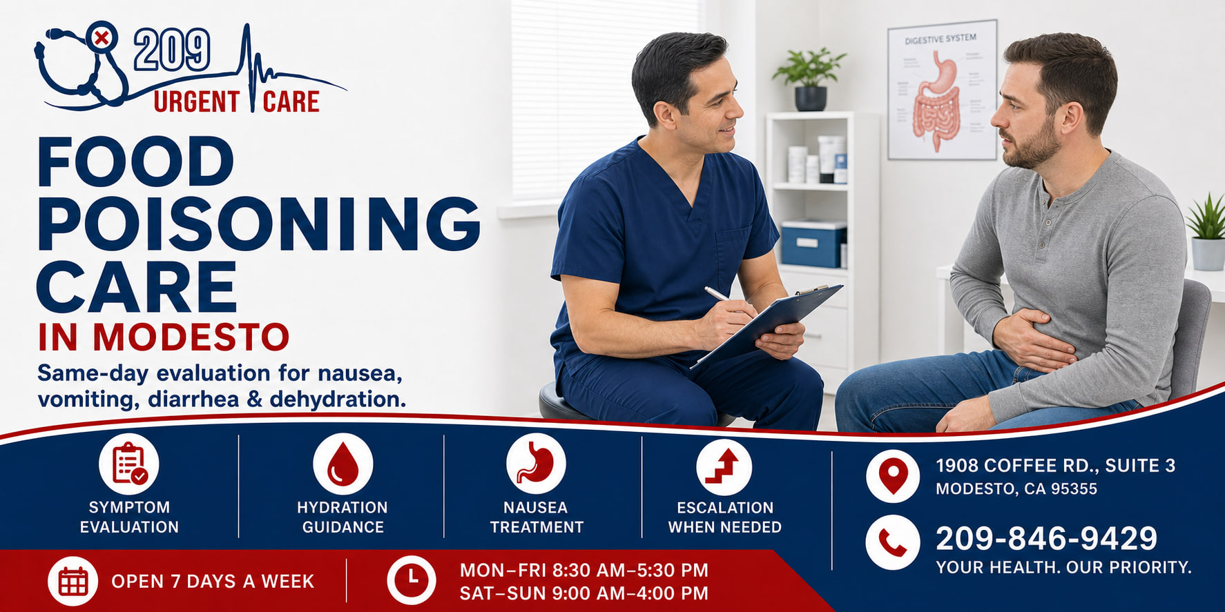 Medical clinician evaluating food poisoning symptoms in Modesto