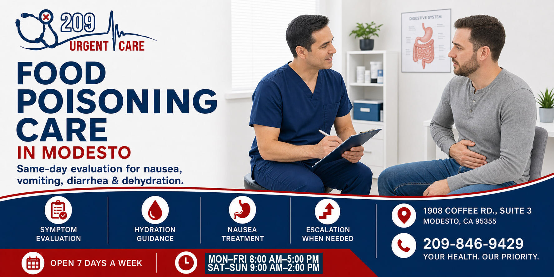 Medical clinician evaluating food poisoning symptoms in Modesto
