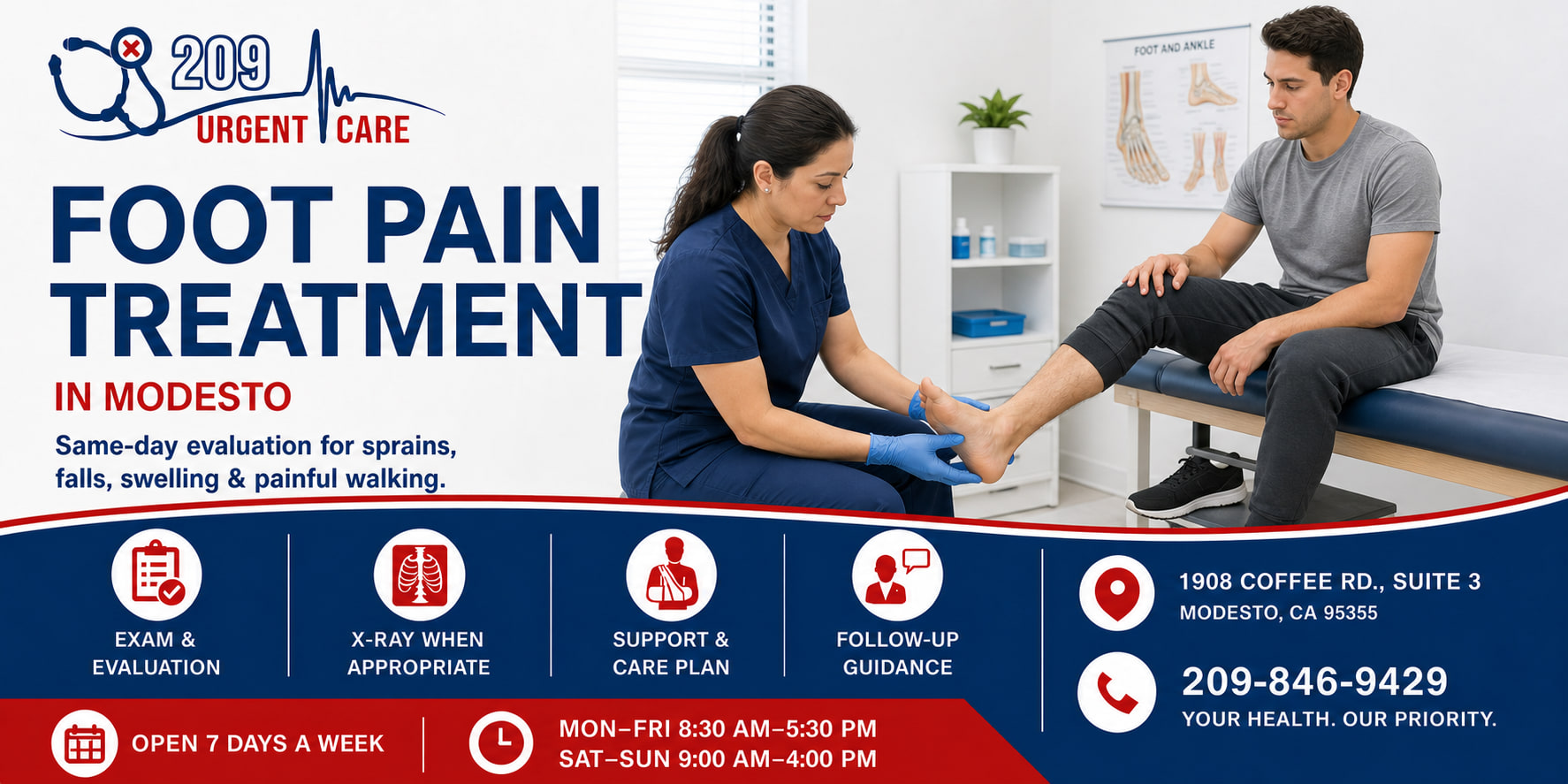 Clinician evaluating foot pain at 209 Urgent Care in Modesto