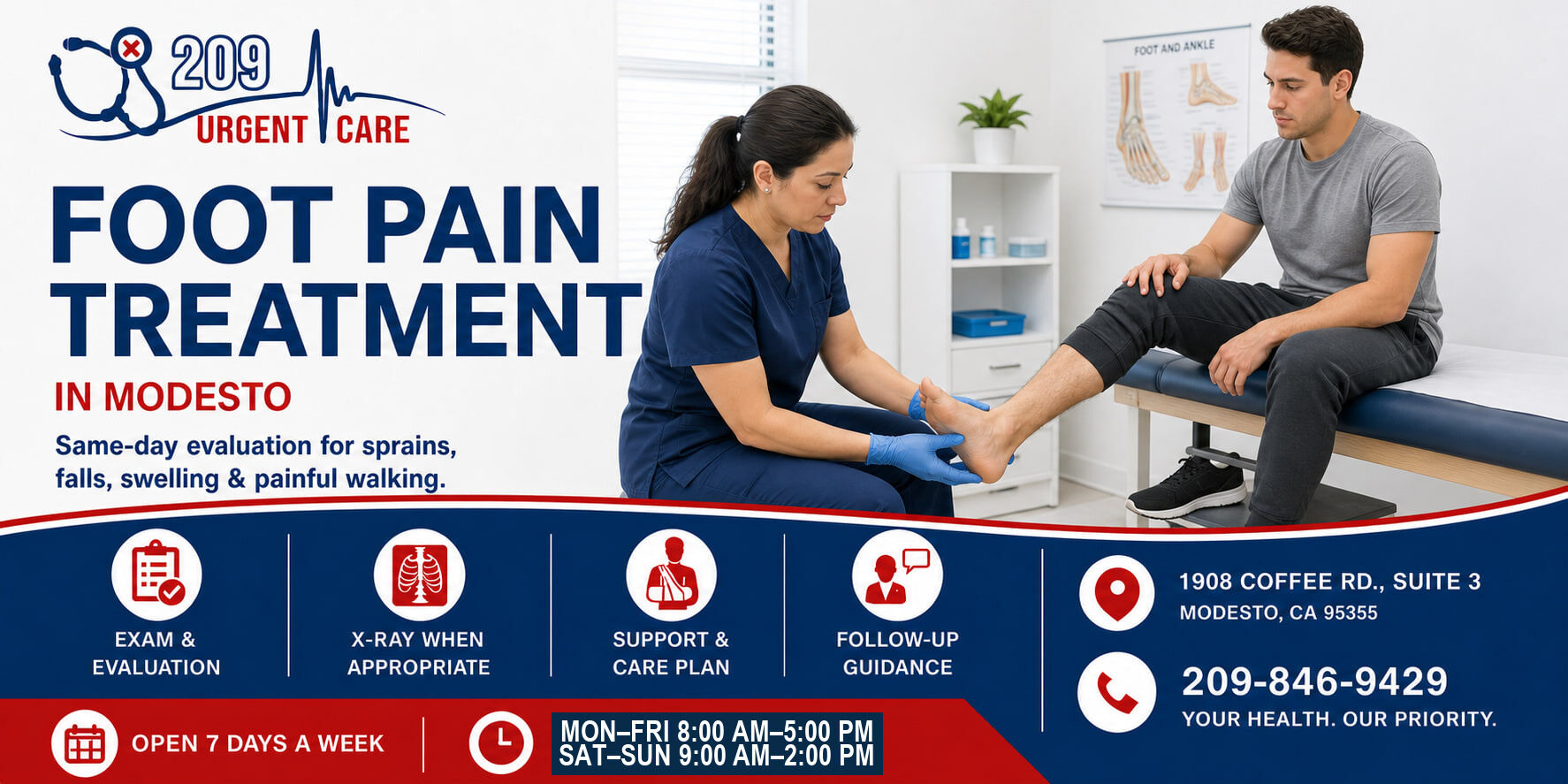 Clinician evaluating foot pain at 209 Urgent Care in Modesto