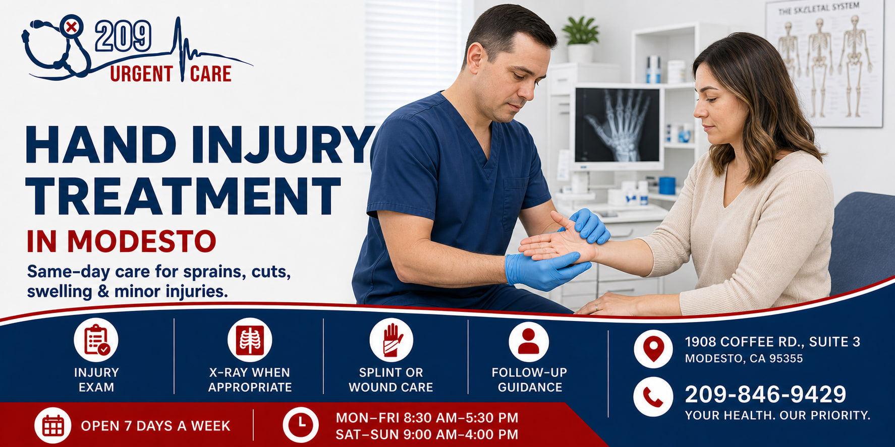 Medical professional examining a hand injury at 209 Urgent Care