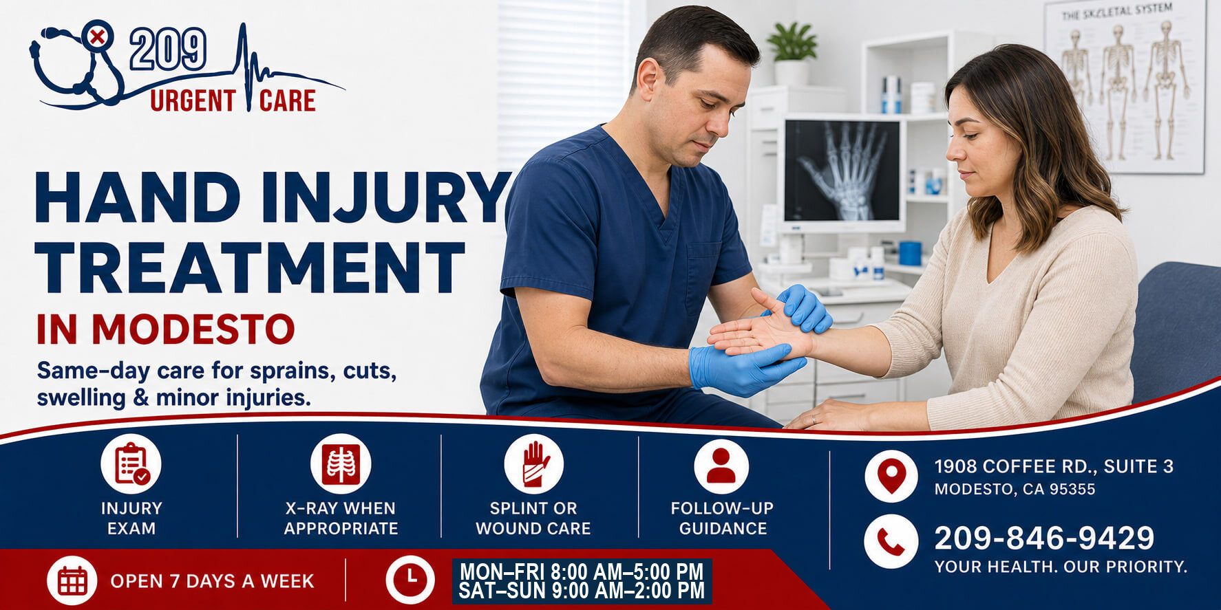 Medical professional examining a hand injury at 209 Urgent Care
