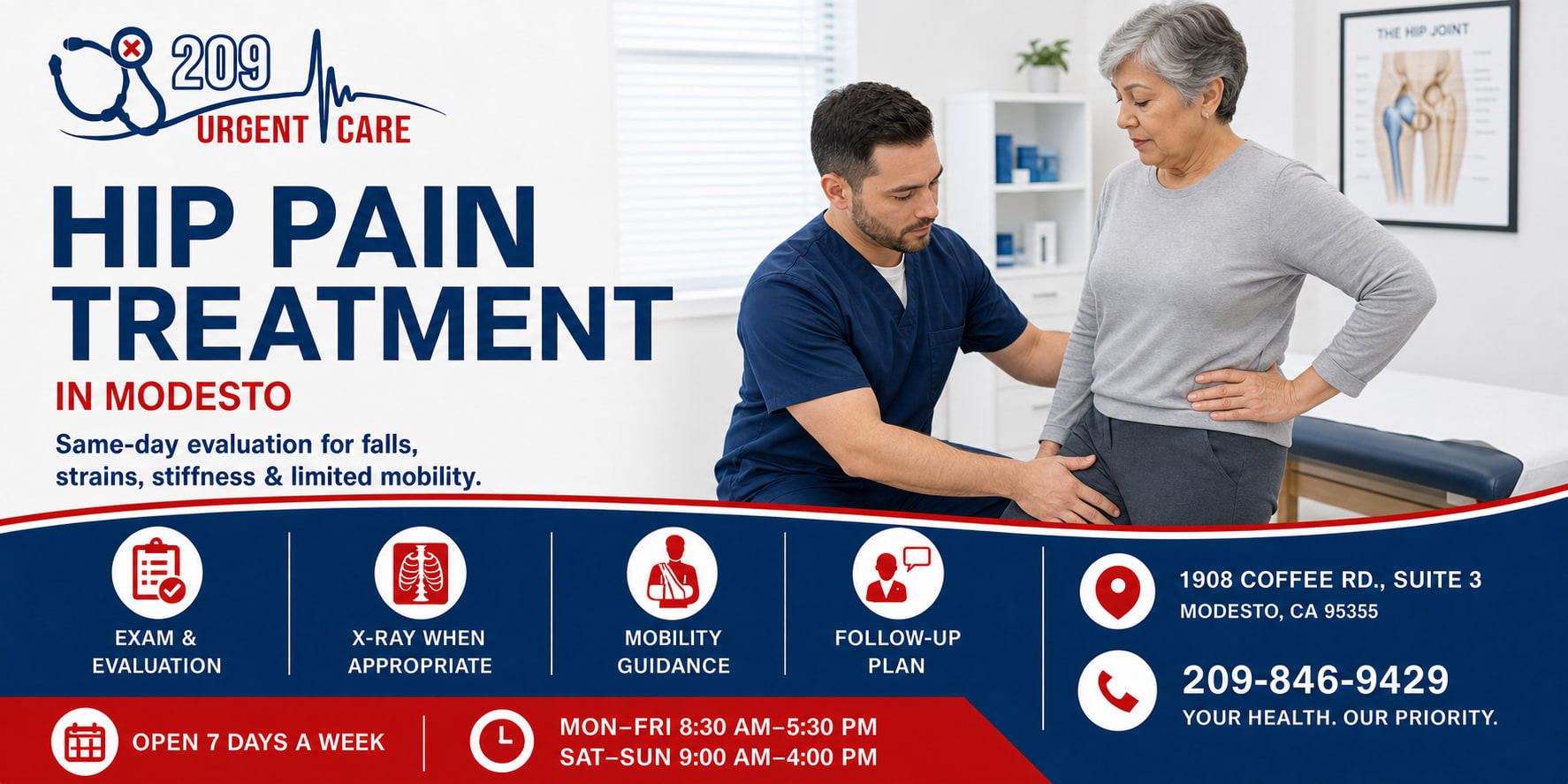 Medical provider evaluating a patient with hip pain in Modesto