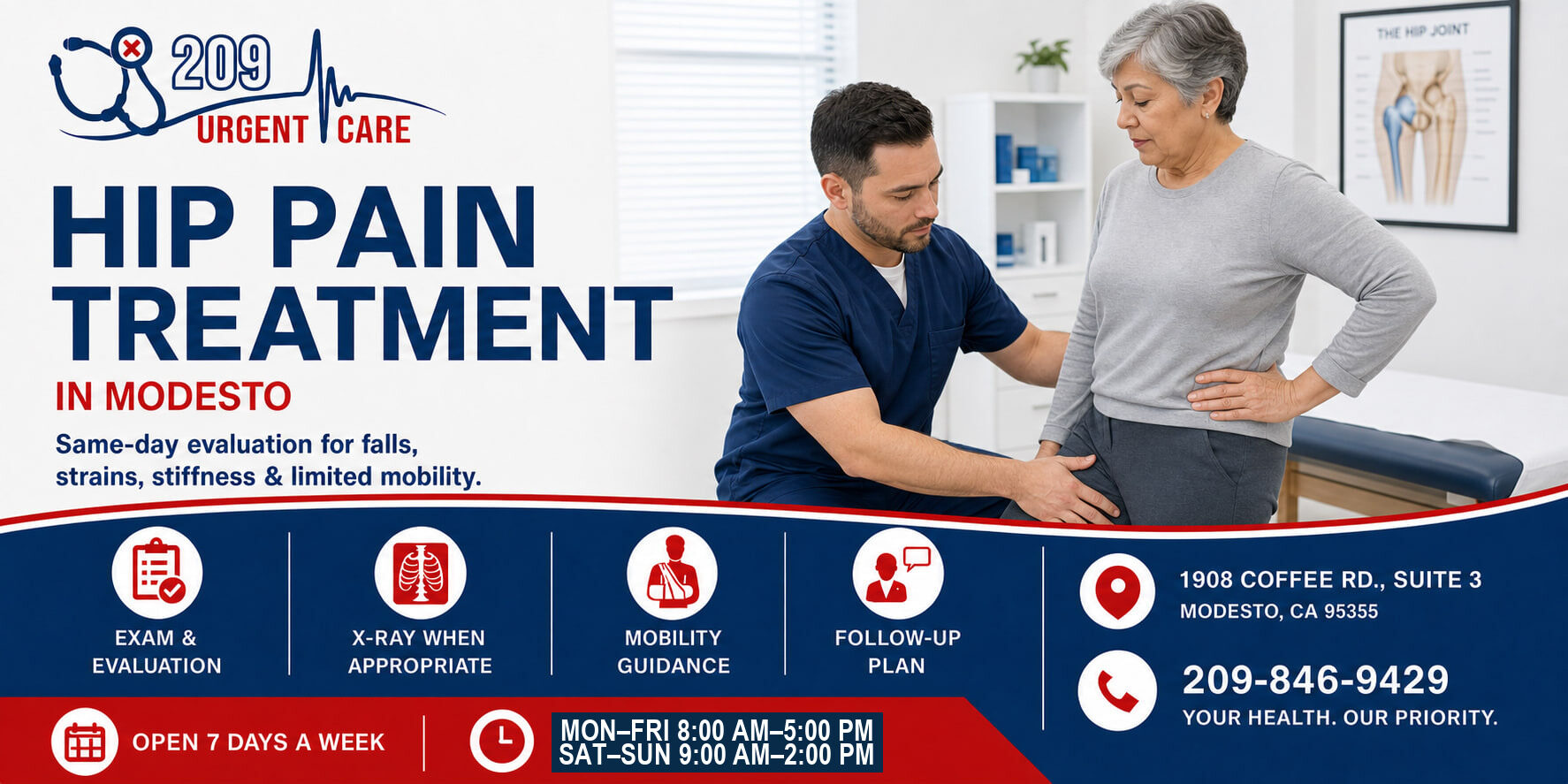 Medical provider evaluating a patient with hip pain in Modesto