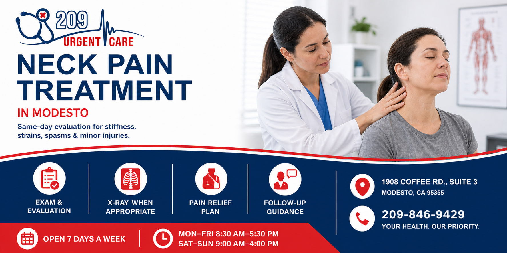 Medical provider evaluating neck pain at 209 Urgent Care in Modesto