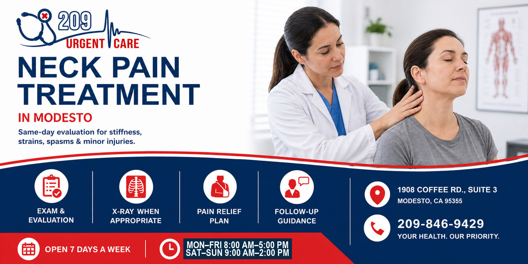 Medical provider evaluating neck pain at 209 Urgent Care in Modesto