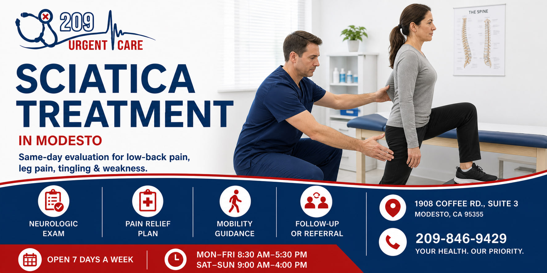 Healthcare provider evaluating sciatica symptoms in Modesto