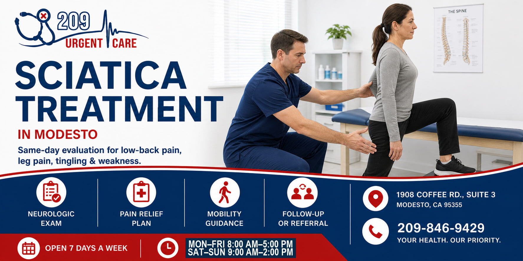 Healthcare provider evaluating sciatica symptoms in Modesto