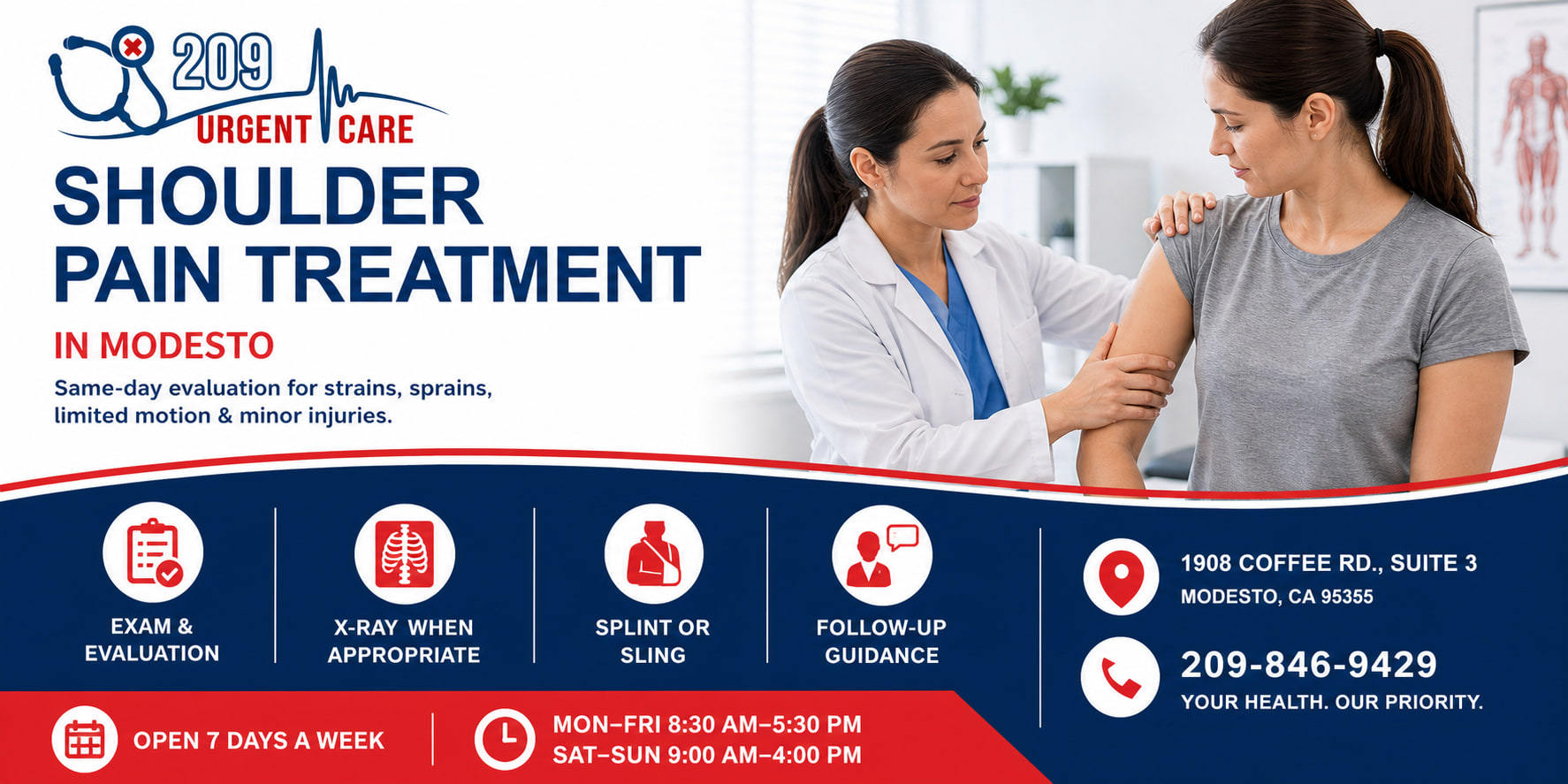 Medical provider evaluating a patient with shoulder pain at 209 Urgent Care in Modesto