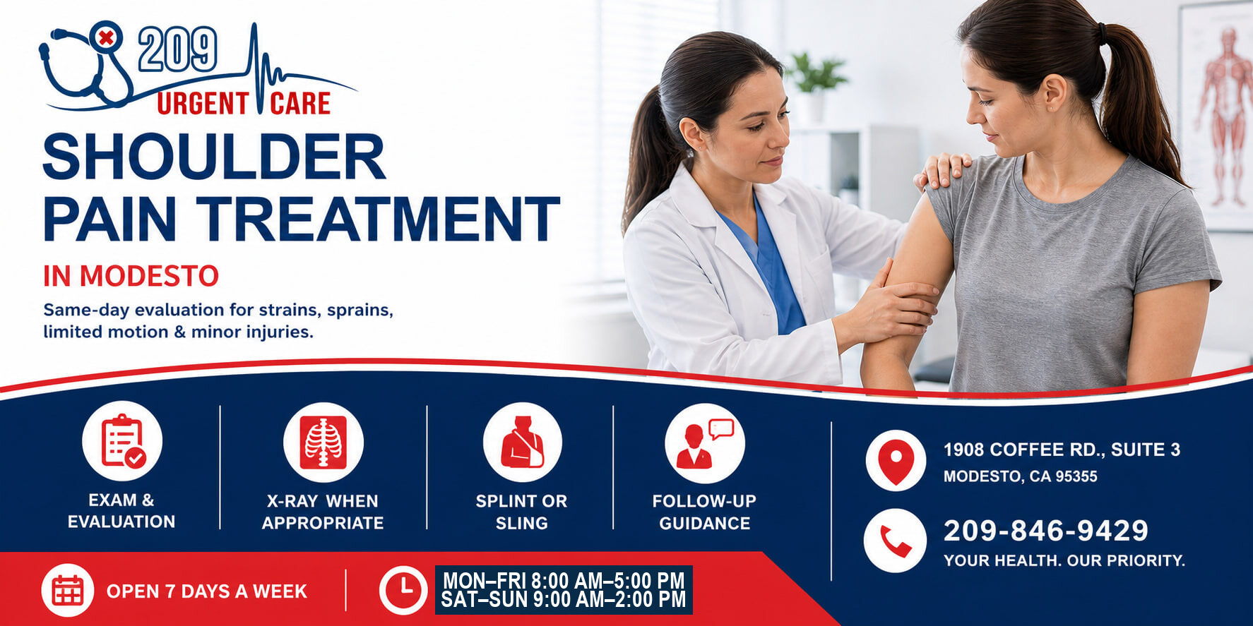 Medical provider evaluating a patient with shoulder pain at 209 Urgent Care in Modesto