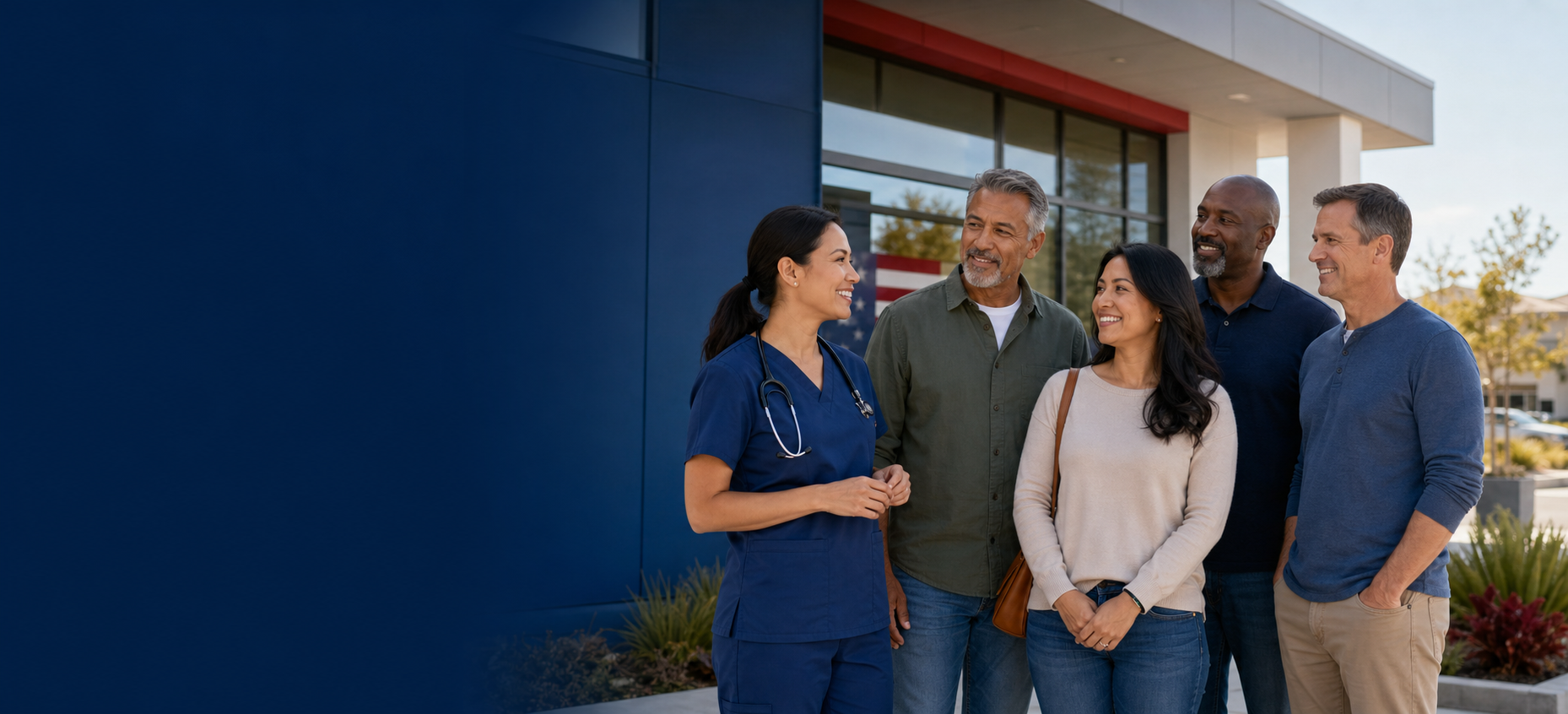 Veterans and a healthcare professional outside 209 Urgent Care in Modesto
