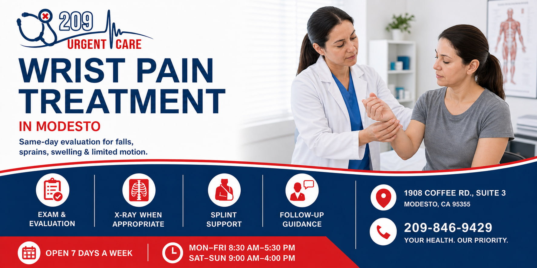 Clinician examining a patient with wrist pain in Modesto