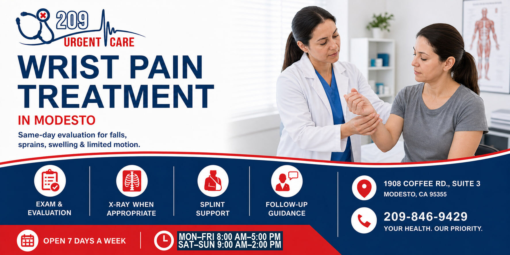 Clinician examining a patient with wrist pain in Modesto