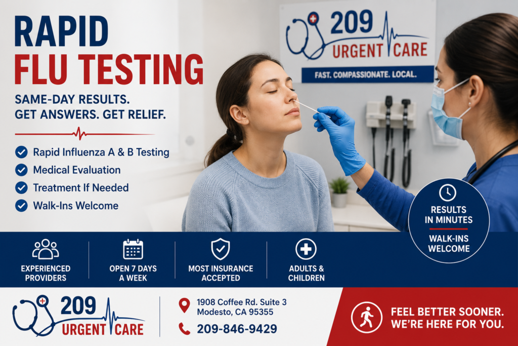 Healthcare provider performing rapid flu testing at 209 Urgent Care in Modesto, California.