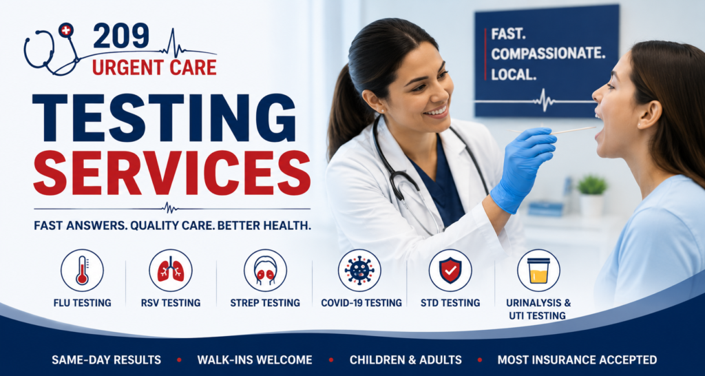 Healthcare provider performing a rapid diagnostic test at 209 Urgent Care in Modesto, CA, representing flu, RSV, strep, COVID-19, STD, and urinalysis testing services.