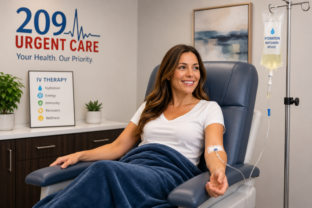 IV therapy patient receiving hydration treatment at 209 Urgent Care in Modesto