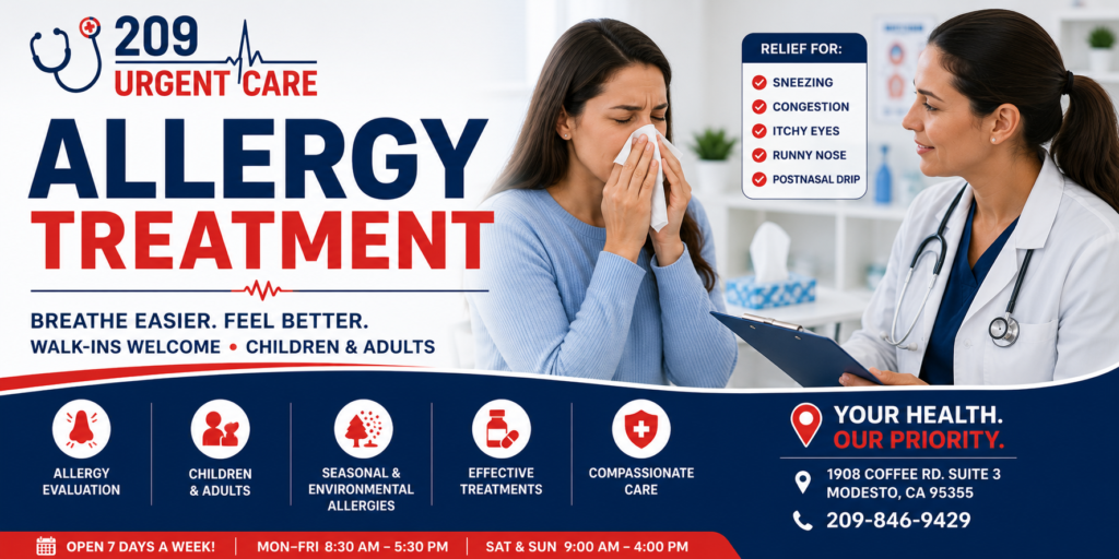 Healthcare provider evaluating a patient with seasonal allergy symptoms at 209 Urgent Care in Modesto, CA for sneezing, congestion, itchy eyes, and allergy treatment.