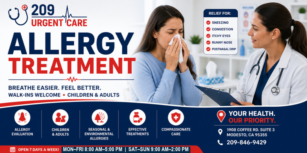 Healthcare provider evaluating a patient with seasonal allergy symptoms at 209 Urgent Care in Modesto, CA for sneezing, congestion, itchy eyes, and allergy treatment.