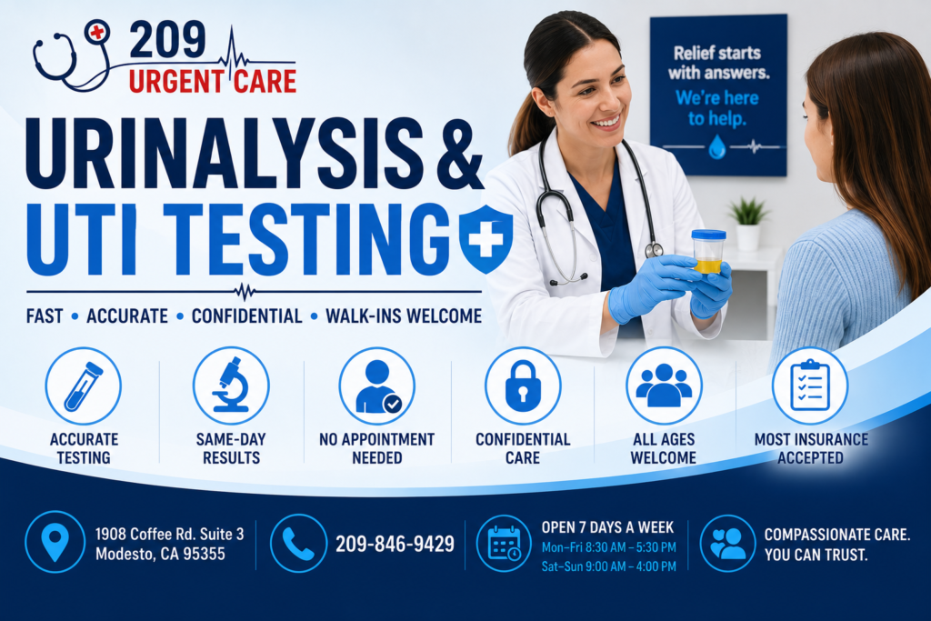 Healthcare provider reviewing a urine sample during urinalysis and UTI testing consultation at 209 Urgent Care in Modesto, CA.