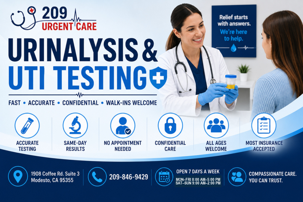 Healthcare provider reviewing a urine sample during urinalysis and UTI testing consultation at 209 Urgent Care in Modesto, CA.