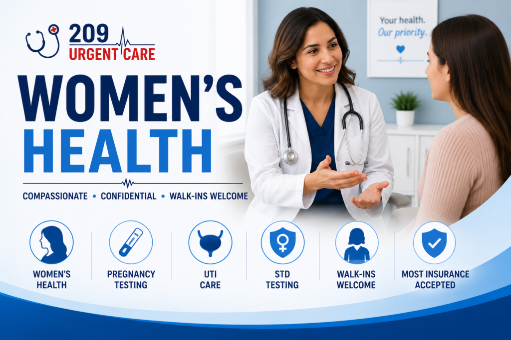 Compassionate women's healthcare consultation at 209 Urgent Care in Modesto, CA featuring confidential pregnancy testing, UTI care, STD testing, and walk-in women's health services.