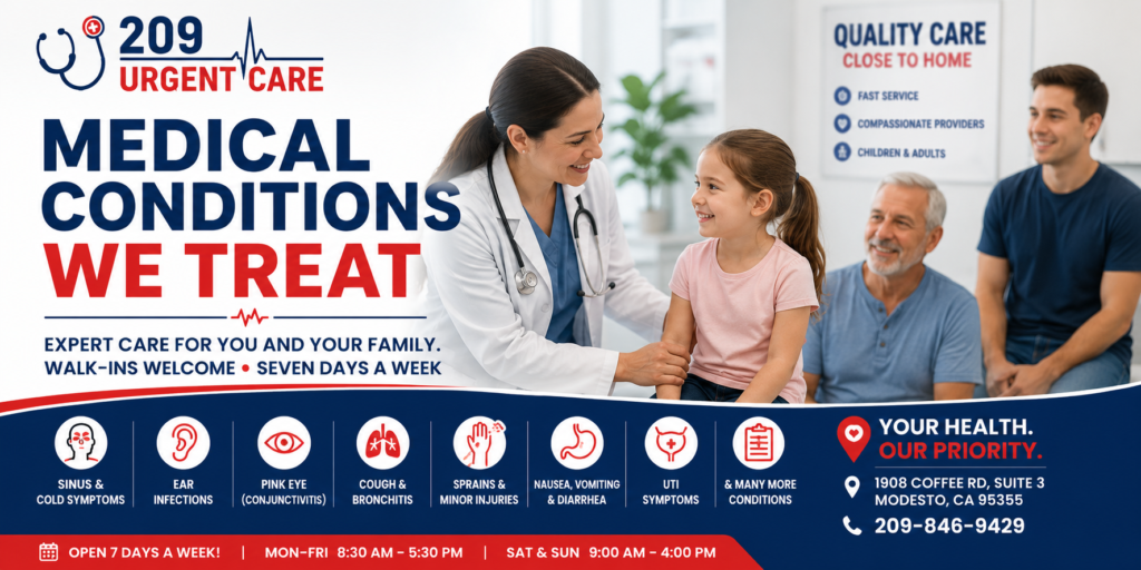 Healthcare provider caring for pediatric and adult patients at 209 Urgent Care in Modesto, CA for common illnesses, injuries, and walk-in medical conditions.