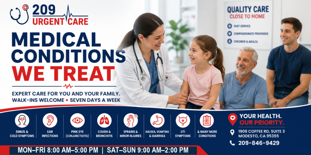 Healthcare provider caring for pediatric and adult patients at 209 Urgent Care in Modesto, CA for common illnesses, injuries, and walk-in medical conditions.