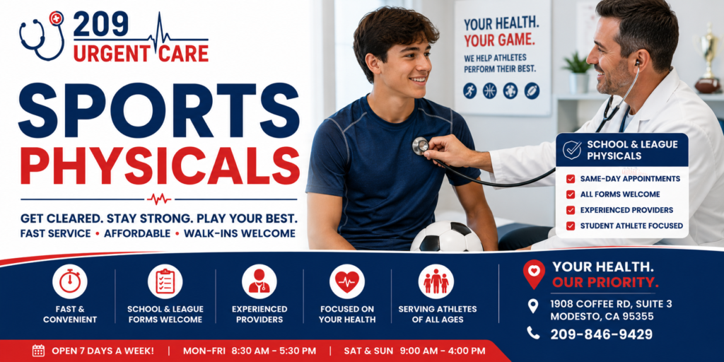 Healthcare provider performing a sports physical examination for a student athlete at 209 Urgent Care in Modesto, CA.