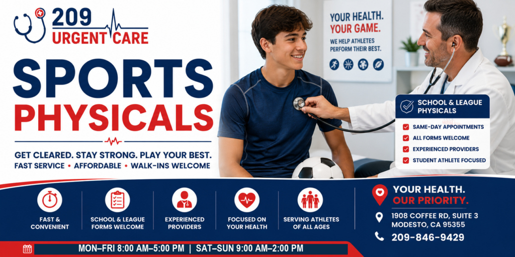Healthcare provider performing a sports physical examination for a student athlete at 209 Urgent Care in Modesto, CA.
