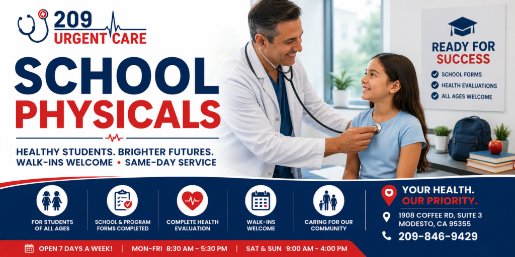 Healthcare provider performing a school physical examination for a student at 209 Urgent Care in Modesto, CA with walk-in same-day evaluations.