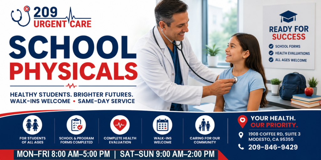 Healthcare provider performing a school physical examination for a student at 209 Urgent Care in Modesto, CA with walk-in same-day evaluations.