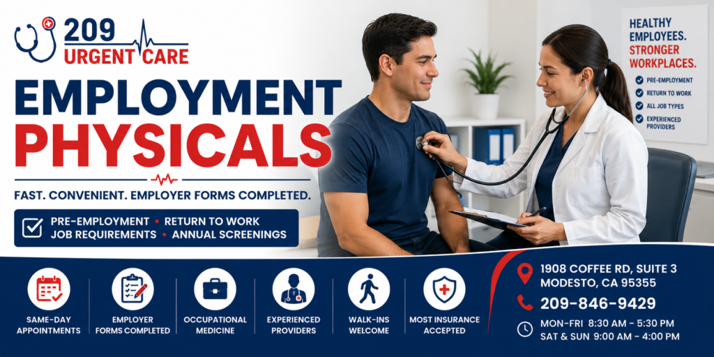 Healthcare provider performing an employment physical examination for a job applicant at 209 Urgent Care in Modesto, CA with employer forms and walk-in occupational health services.