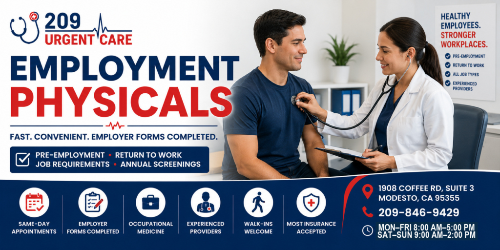 Healthcare provider performing an employment physical examination for a job applicant at 209 Urgent Care in Modesto, CA with employer forms and walk-in occupational health services.