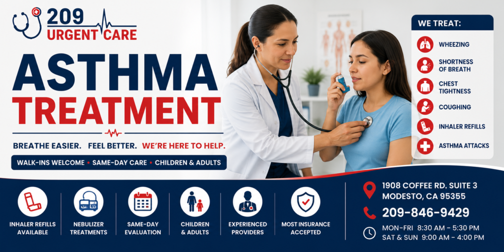 Healthcare provider evaluating a patient with asthma symptoms and inhaler use at 209 Urgent Care in Modesto, CA for wheezing, shortness of breath, and walk-in asthma treatment.