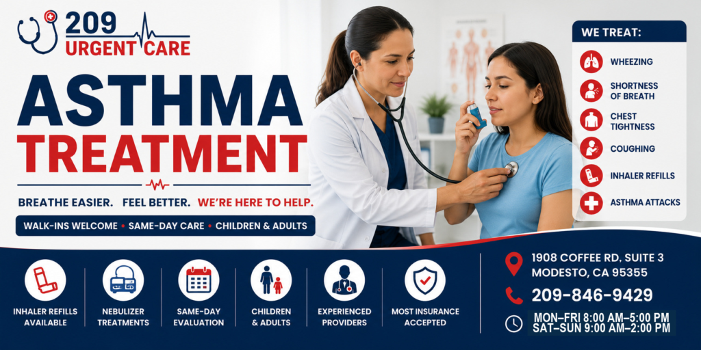 Healthcare provider evaluating a patient with asthma symptoms and inhaler use at 209 Urgent Care in Modesto, CA for wheezing, shortness of breath, and walk-in asthma treatment.