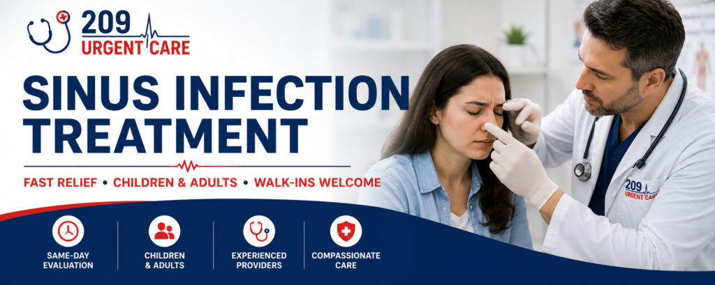 Healthcare provider evaluating a patient with sinus infection symptoms at 209 Urgent Care in Modesto, CA for sinus pain, congestion, and walk-in treatment.