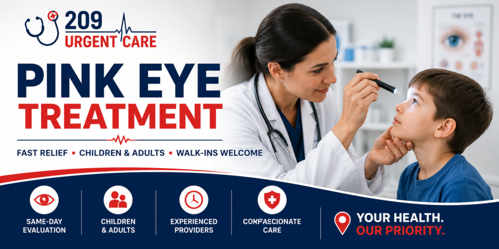 Healthcare provider examining a child's eye for pink eye (conjunctivitis) at 209 Urgent Care in Modesto, CA with walk-in evaluation and treatment.