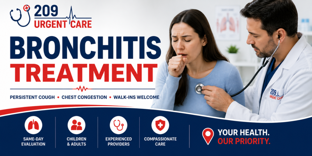 Healthcare provider evaluating a patient with bronchitis symptoms at 209 Urgent Care in Modesto, CA for persistent cough, chest congestion, and walk-in treatment.