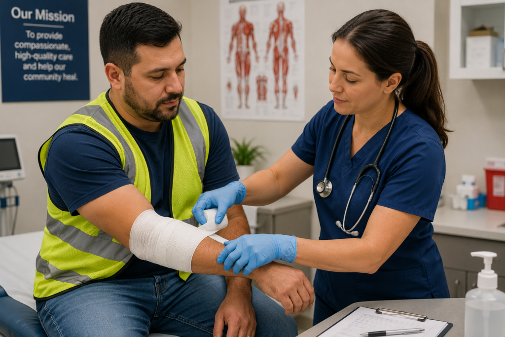Medical provider treating an injured worker with an arm injury during a workers' compensation evaluation at 209 Urgent Care in Modesto, CA.