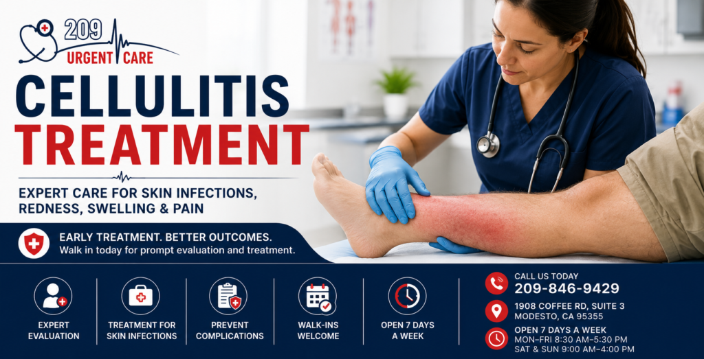 Healthcare provider evaluating cellulitis on a patient's lower leg at 209 Urgent Care in Modesto, CA for redness, swelling, and skin infection treatment.