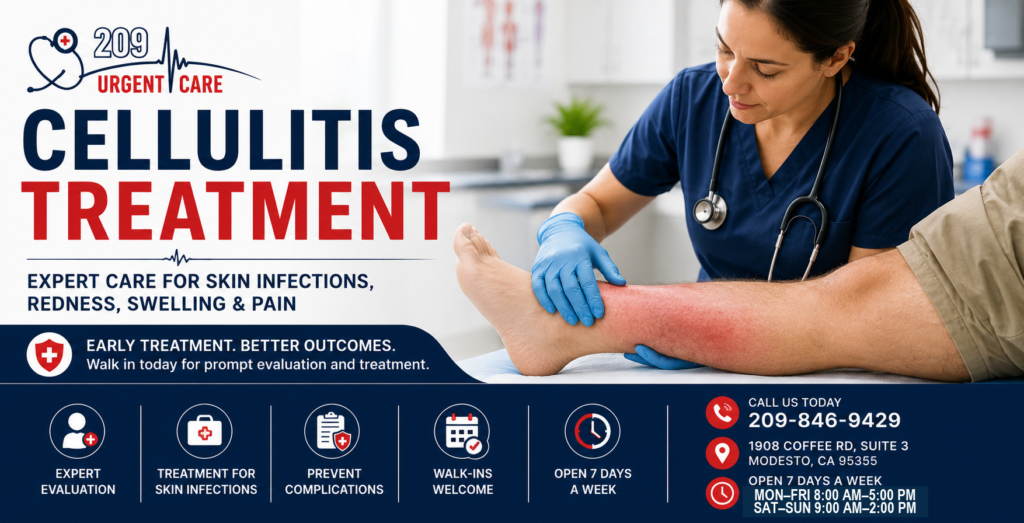 Healthcare provider evaluating cellulitis on a patient's lower leg at 209 Urgent Care in Modesto, CA for redness, swelling, and skin infection treatment.