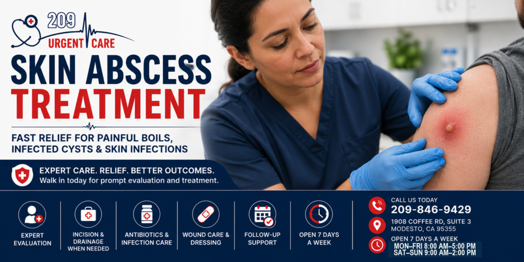 Healthcare provider evaluating a skin abscess on a patient's arm at 209 Urgent Care in Modesto, CA for boil, infected cyst, and skin infection treatment.