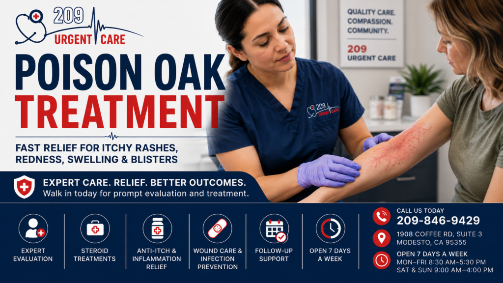 Provider examining poison oak rash at 209 Urgent Care in Modesto